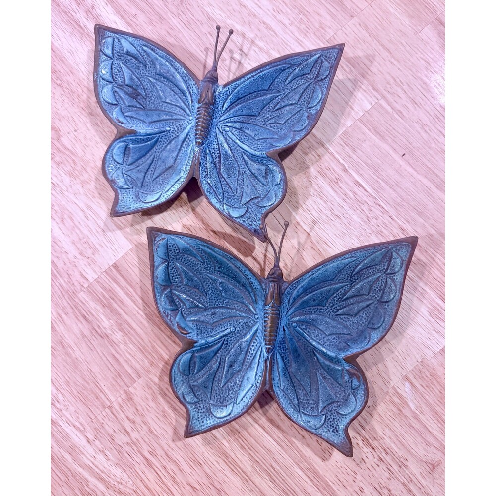 Pair of Solid Bronze Butterfly Trinket Dishes, Sculptural Vintage Mexican Decor,